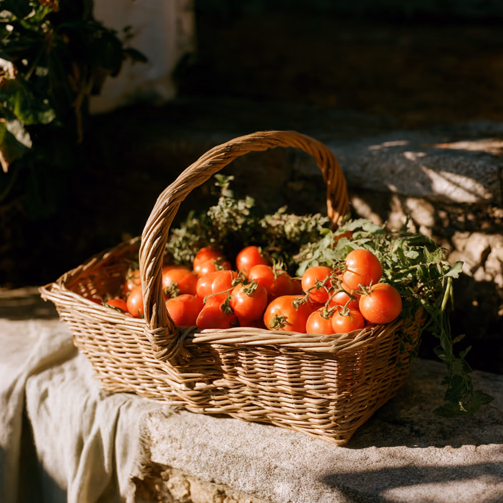 Cesto di pomodori ed erbe aromatiche appena raccolti, su un muretto in pietra