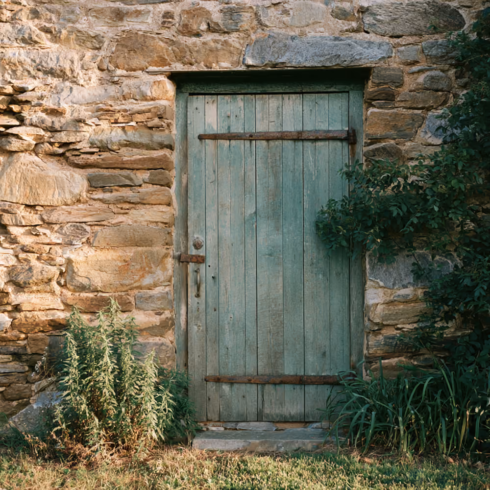 Vecchia porta in legno con cardini in ferro, incassata in un muro di pietra