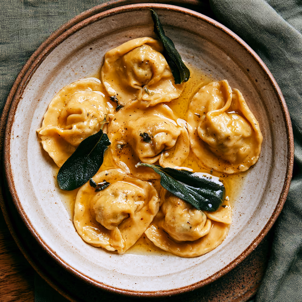 Piatto di tortelli di zucca al burro e salvia visto dall'alto, su una ciotola di ceramica chiara