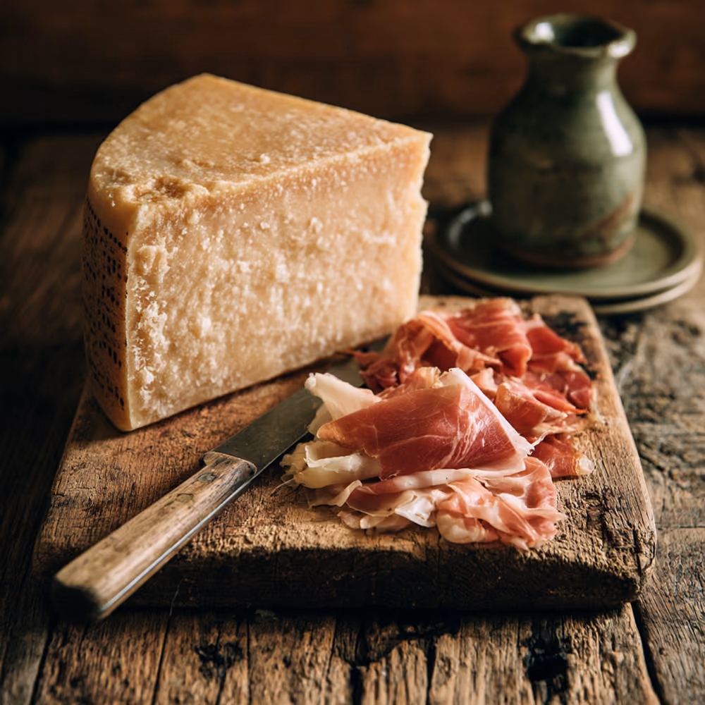 Parmigiano e prosciutto affettati su un tagliere di legno